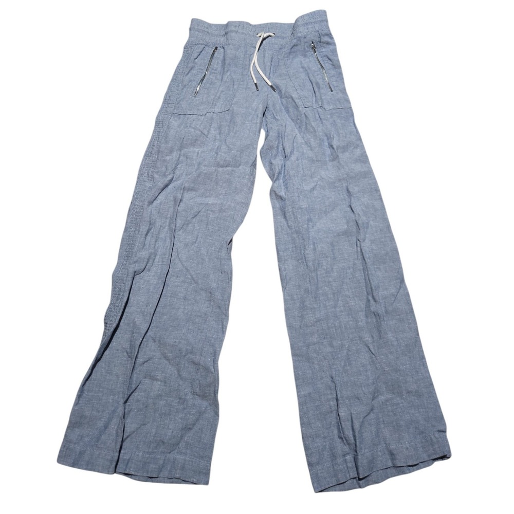 Athleta Cabo Linen Wide Leg Pants Womens 0 Blue Chambray Drawstring Zip Pockets